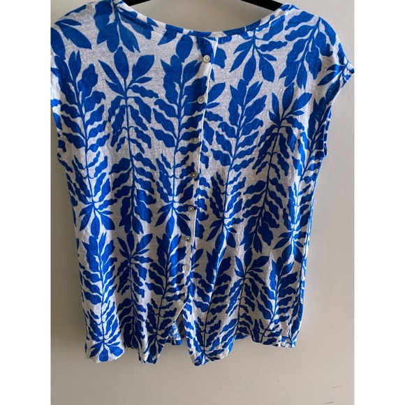 Rachel Zoe Blue White Linen Leaf Print Top Short Sleeve Blouse Women's M - Picture 5 of 9